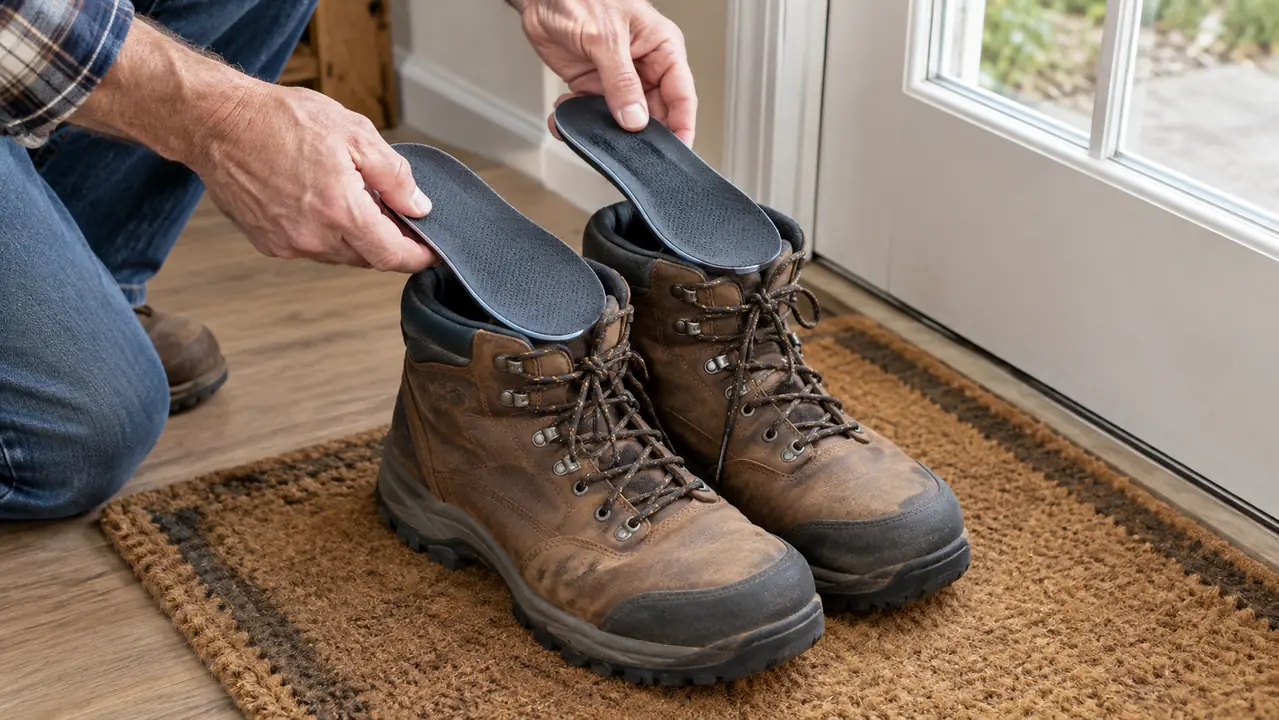 A large pair of men's work shoes with cushioned insoles resting on top, on a doormat by the back door