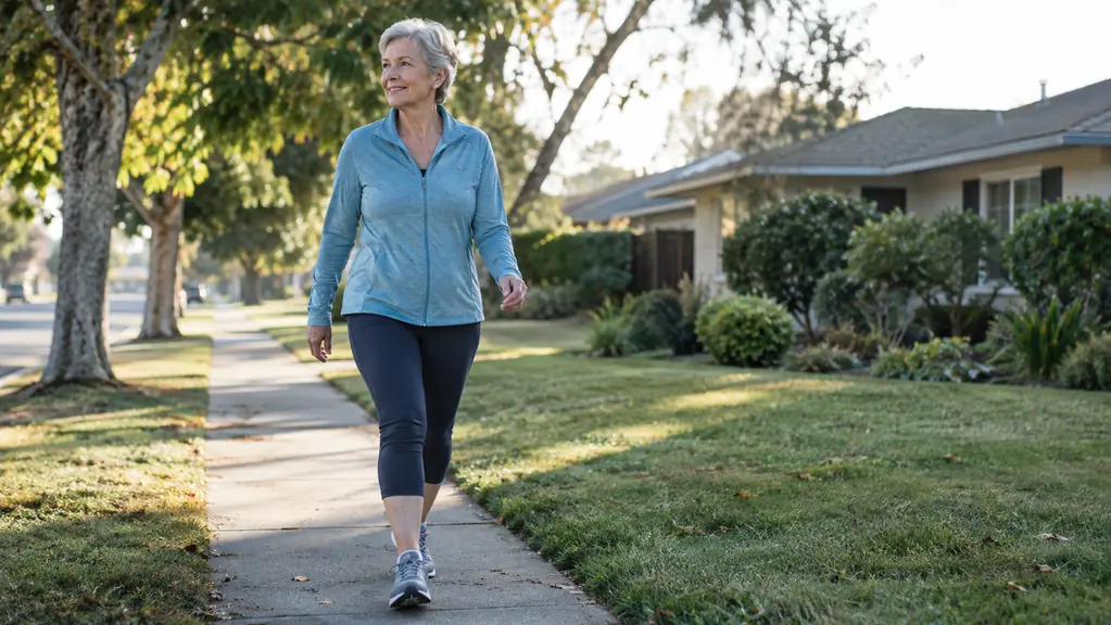 A woman in her sixties walking on a quiet neighborhood sidewalk in the morning, wearing comfortable walking shoes