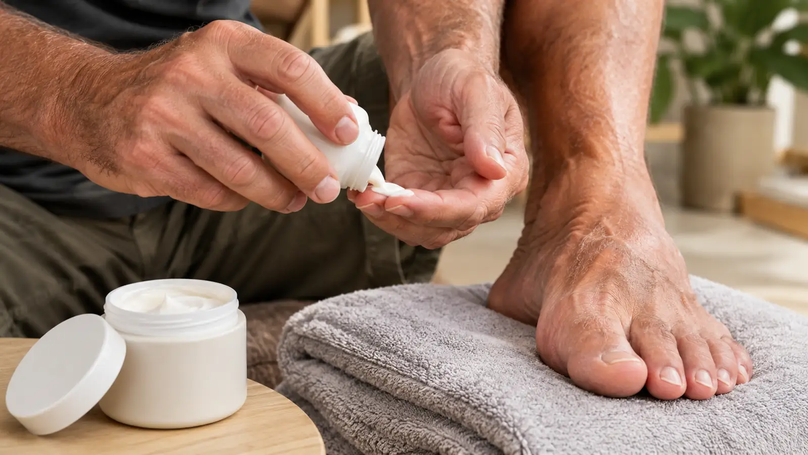 A hand squeezes foot cream from its container onto fingertips beside a bare foot resting on a towel.