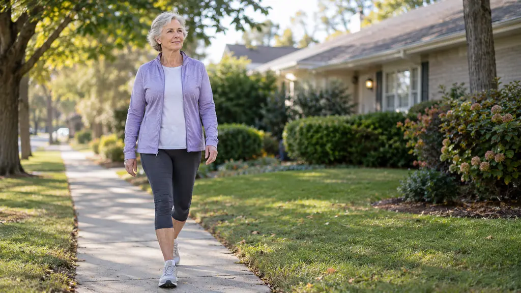 A woman in her sixties takes a morning walk on a residential sidewalk, wearing comfortable shoes.