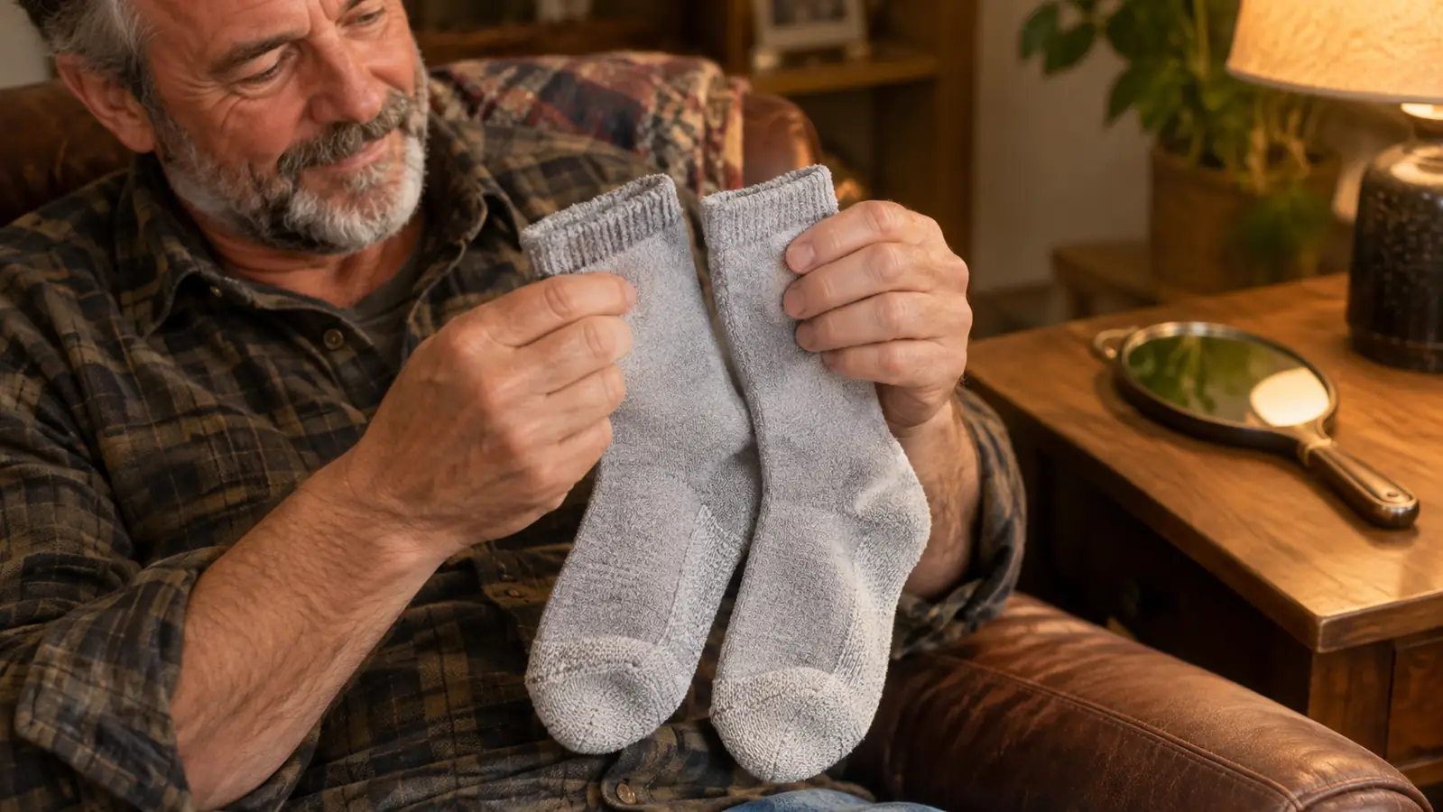 A pair of cushioned non-binding socks laid on a lap next to a hand mirror used for daily foot checks