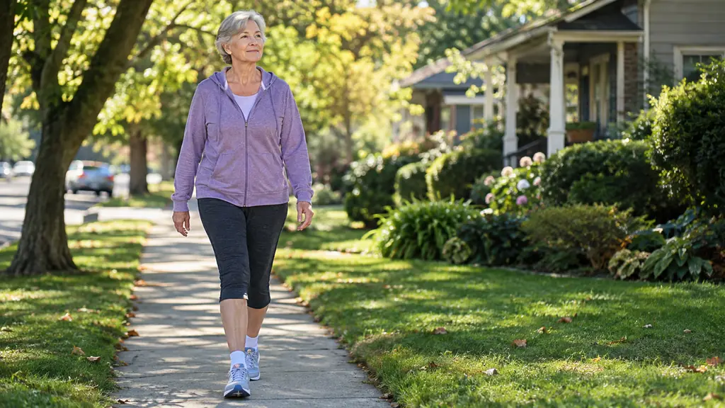 A woman in her sixties walking on a neighborhood sidewalk in the morning, wearing comfortable cushioned socks and walking shoes