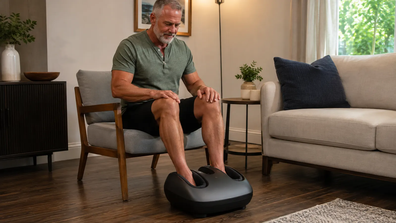 A person placing their feet into a foot massager while sitting on the edge of a chair