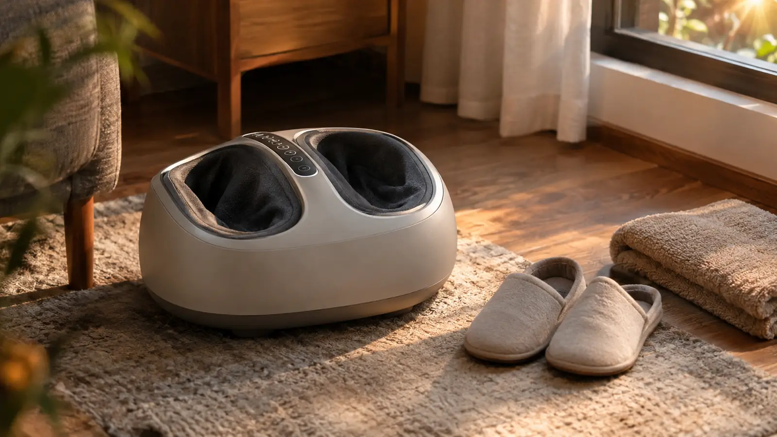A foot massager sitting on the floor beside a pair of slippers and a small towel