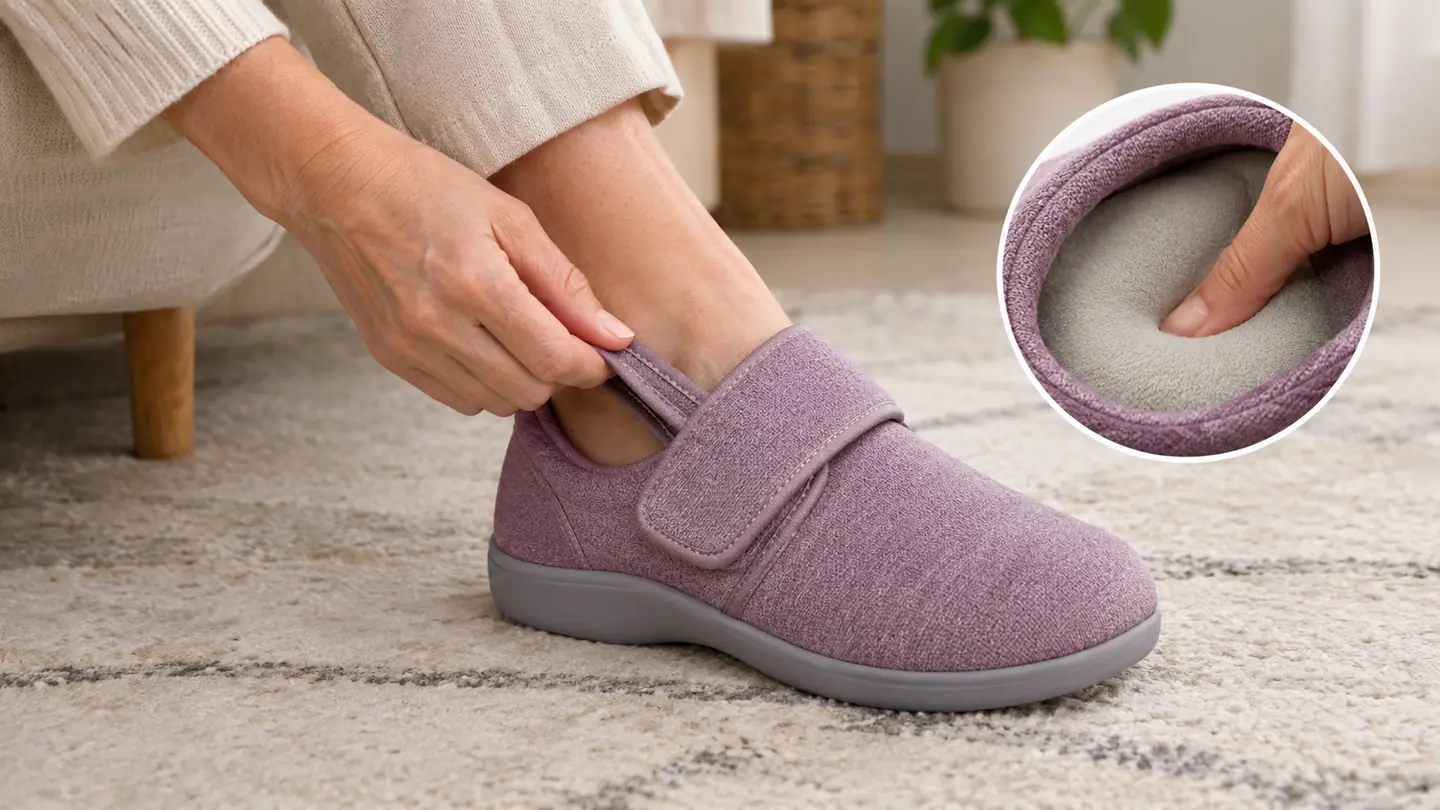 A hand adjusting the strap on a wide slipper worn by a woman in her sixties, showing the roomy toe area