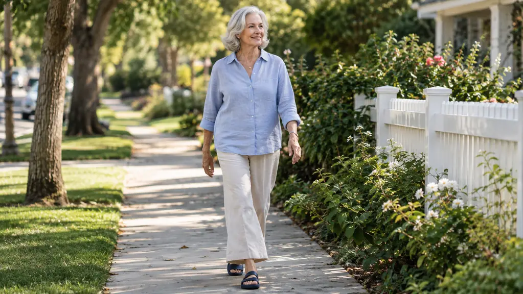 A woman in her sixties walking on a sidewalk in the morning wearing wide adjustable slippers