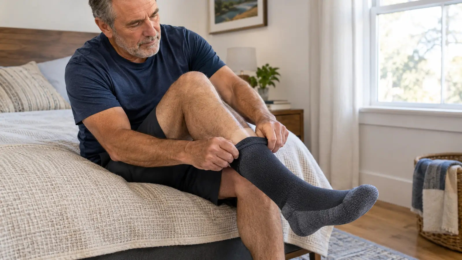 A man's hands smoothing a cushioned sock over his foot while seated on the edge of a bed