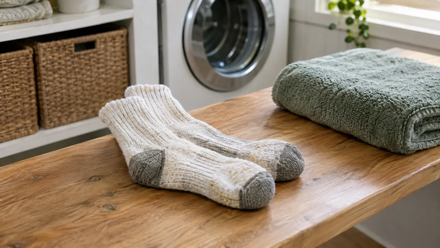 A pair of cushioned socks laid flat on a wooden bench beside a folded towel
