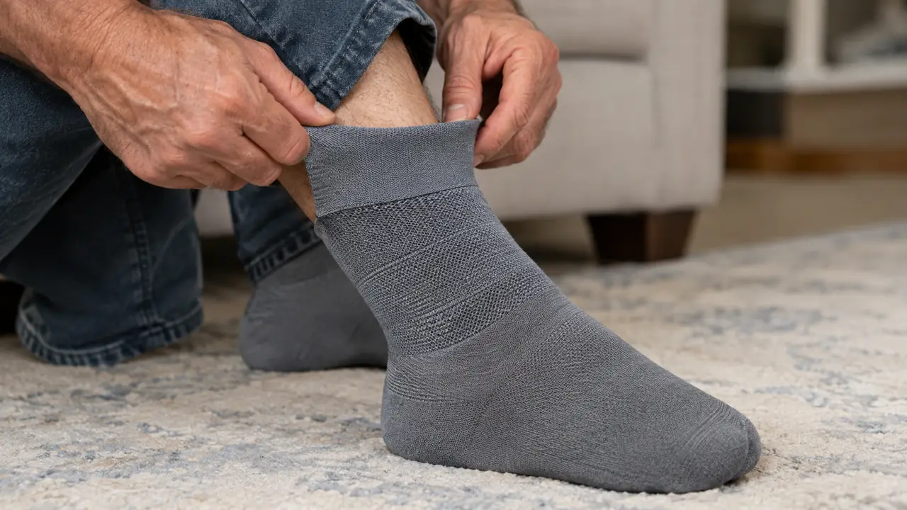 Close view of a man's hand adjusting a cushioned sock at the ankle, showing the loose top band