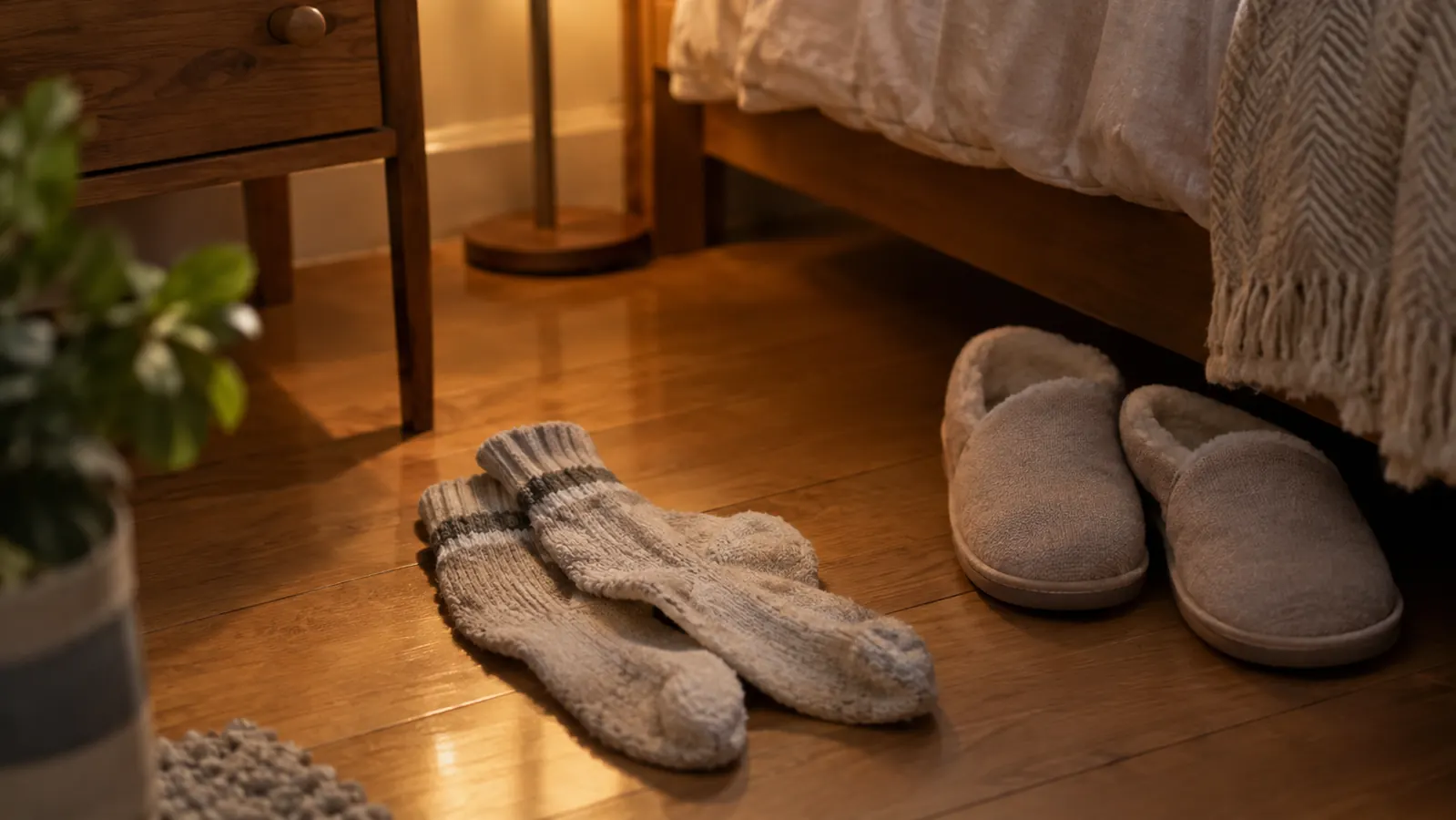 A pair of cushioned socks resting on a wooden floor beside a pair of slippers in warm evening light