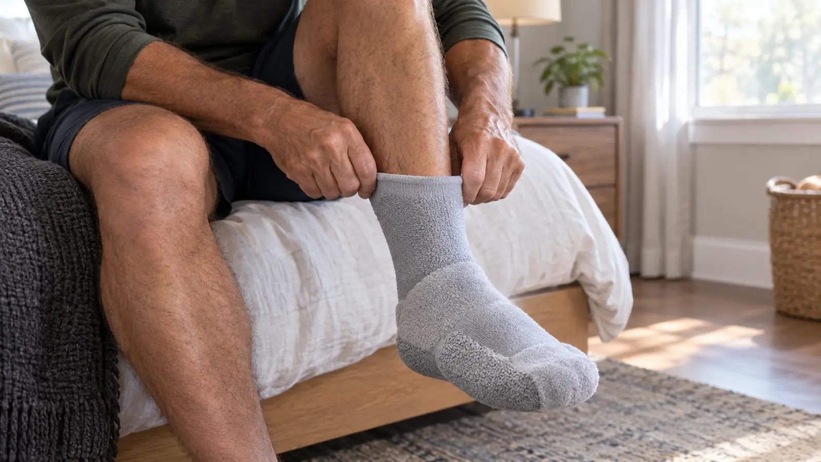 A person in their sixties sitting on the edge of a bed pulling on a cushioned sock