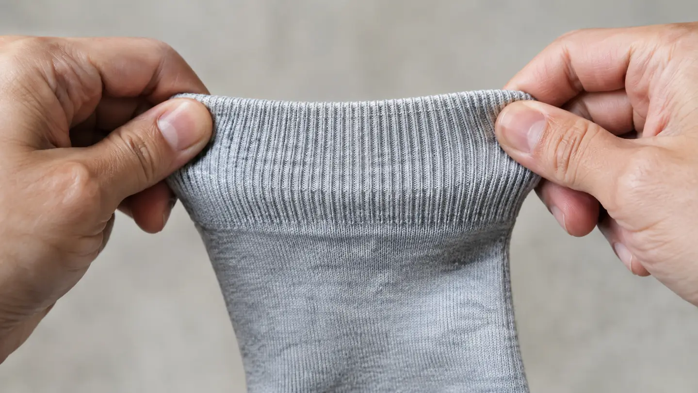 A close-up of a sock cuff stretched gently between two hands to show that it does not bind