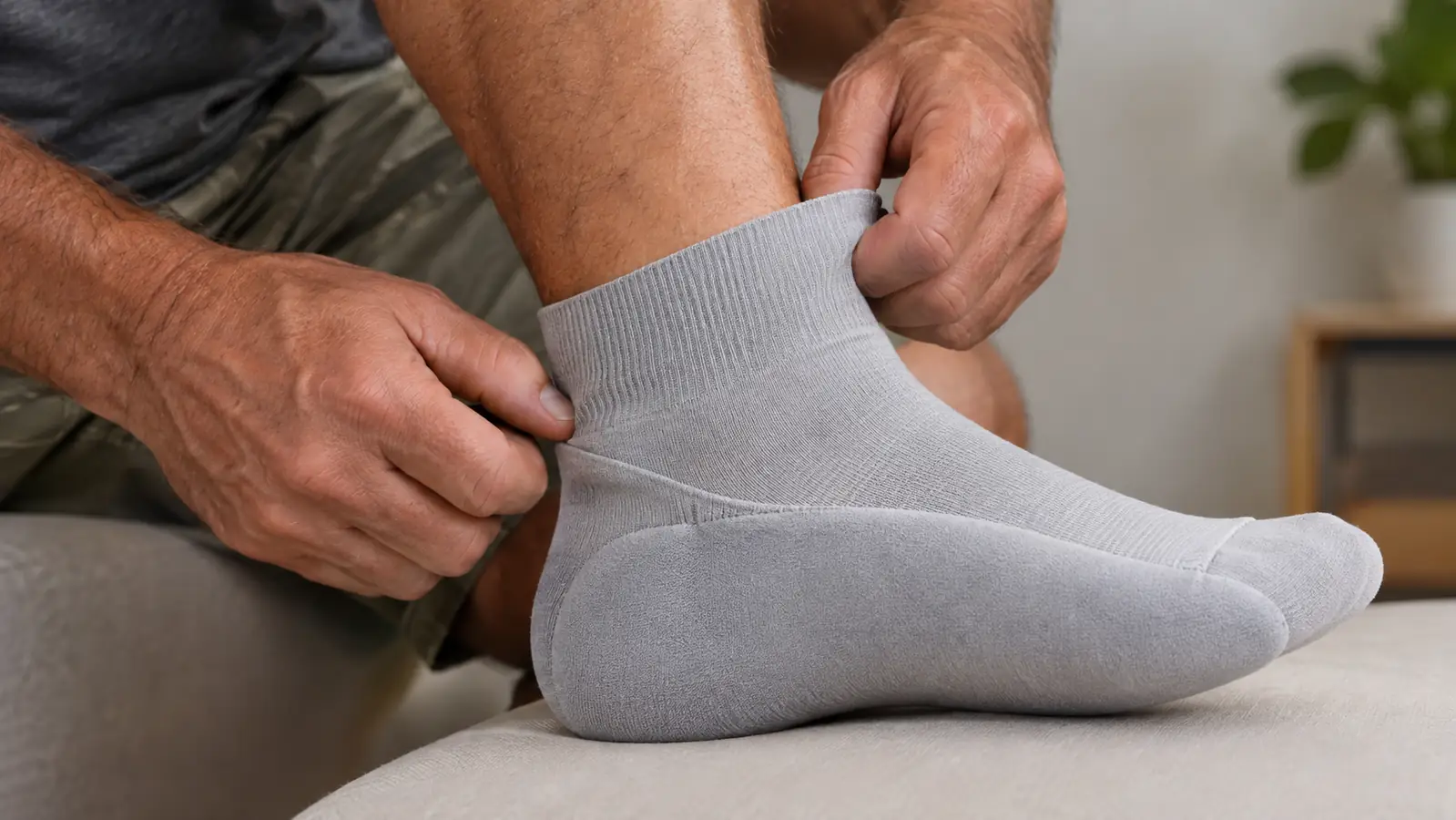 A close-up of a hand adjusting a cushioned sock on a foot, showing the padded sole.