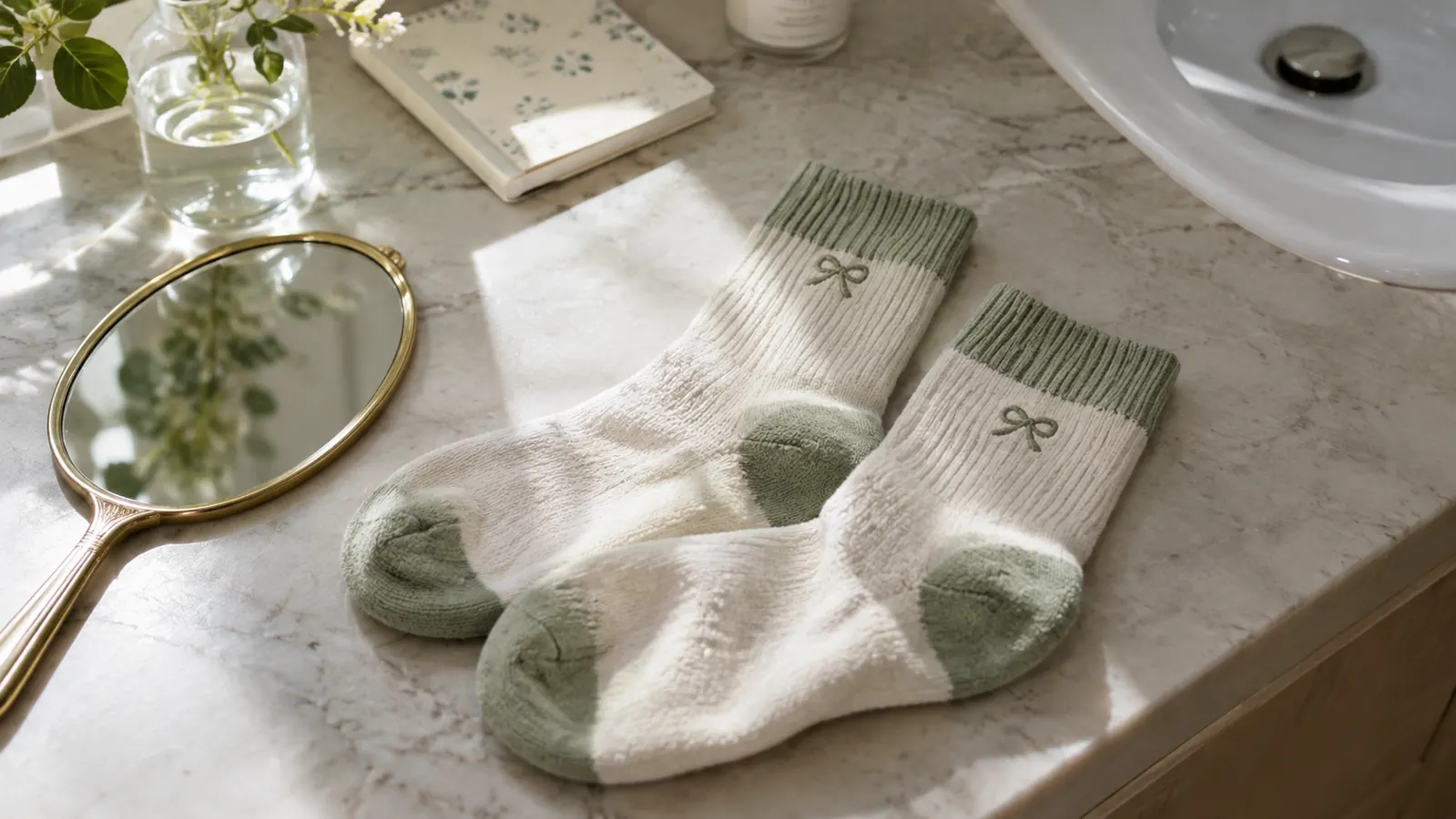 A pair of cushioned socks resting on a bathroom counter beside a hand mirror and a notebook.