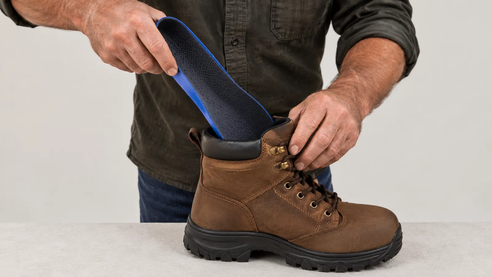 A man's hands placing a cushioned insole into a work boot