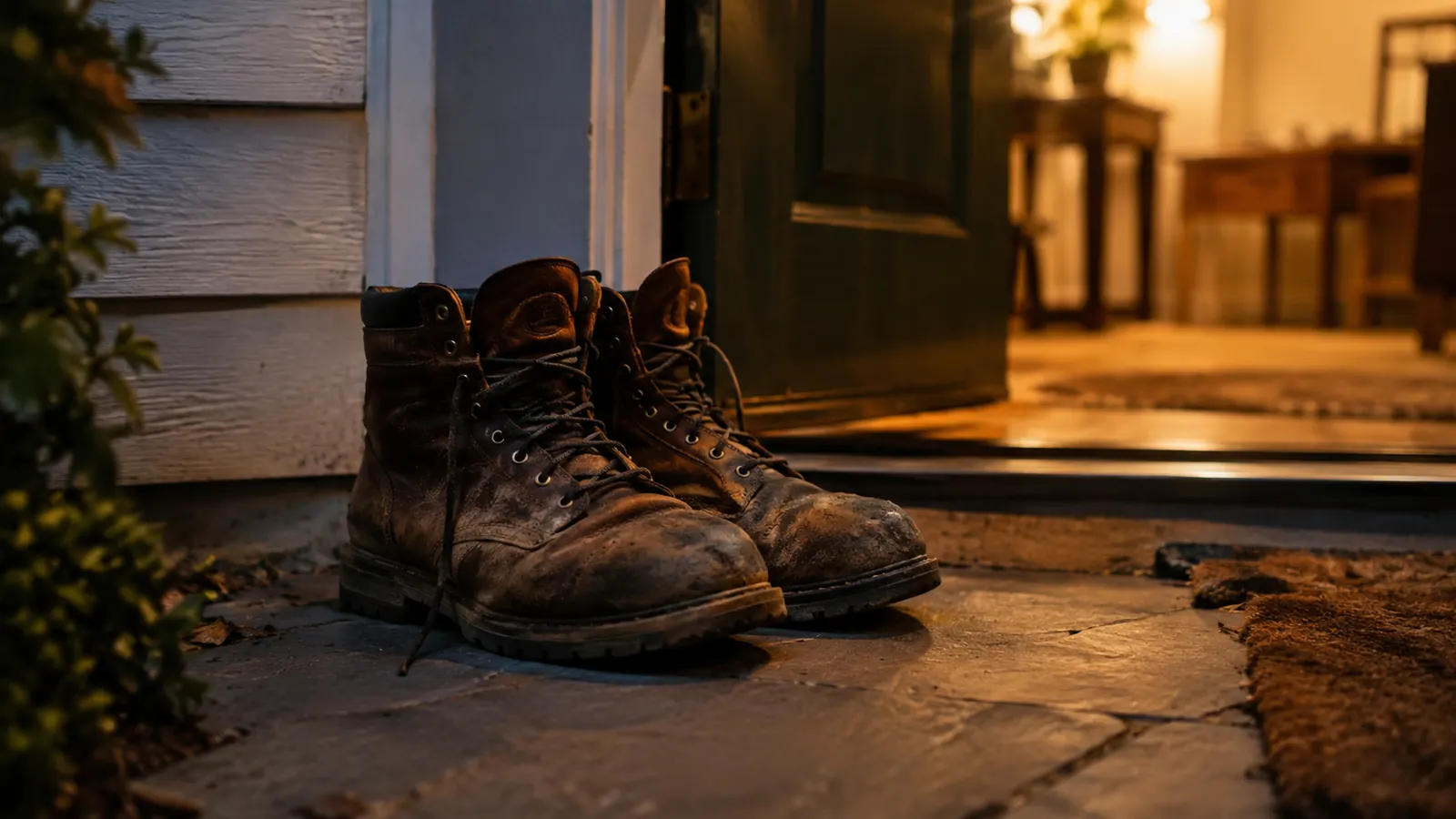 A pair of worn work boots set by a back door in the evening
