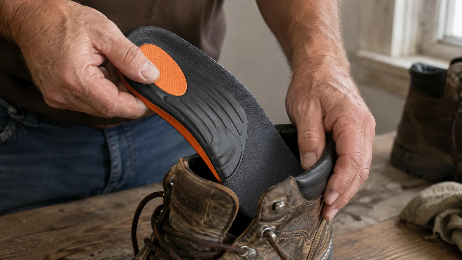 Hands placing a heavy duty insole into a man's work boot