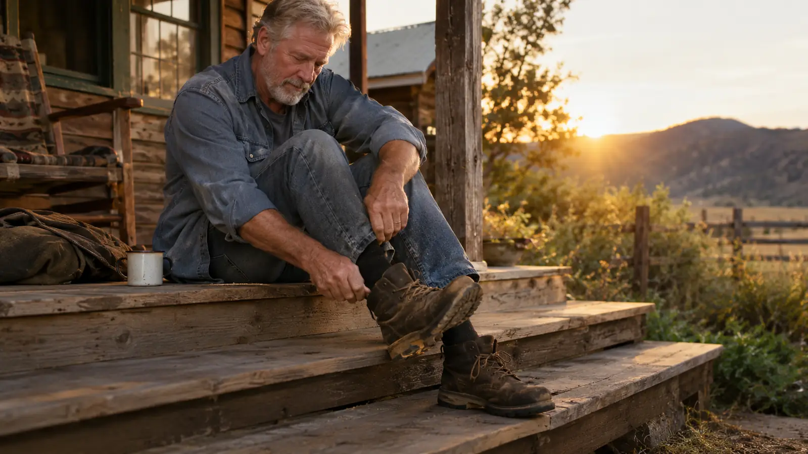 A man in his sixties sitting on a porch step pulling off a work boot at the end of the day