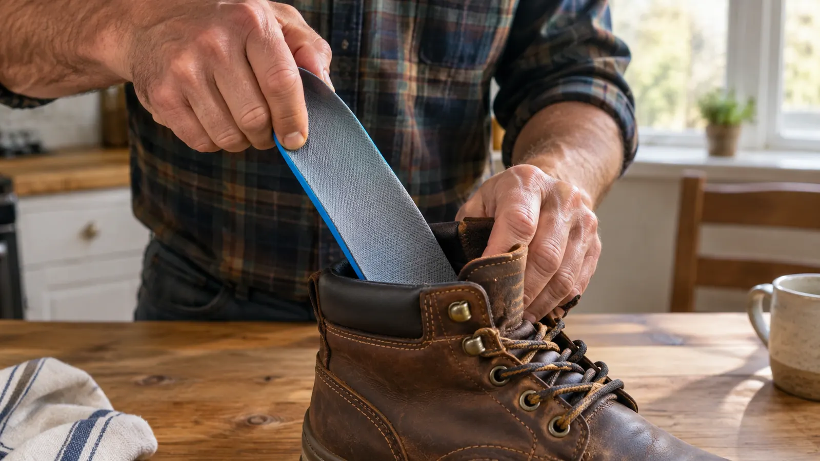 A hand sliding a cushioned insole into a leather work boot on a kitchen table