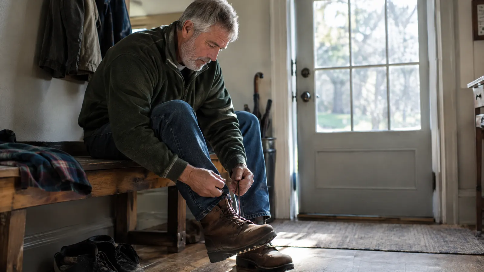 A man in his sixties lacing up a leather work boot on a wooden bench by a back door in the morning