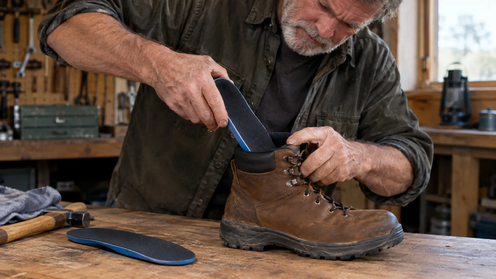 A man in his sixties fitting a support insole into a work boot.
