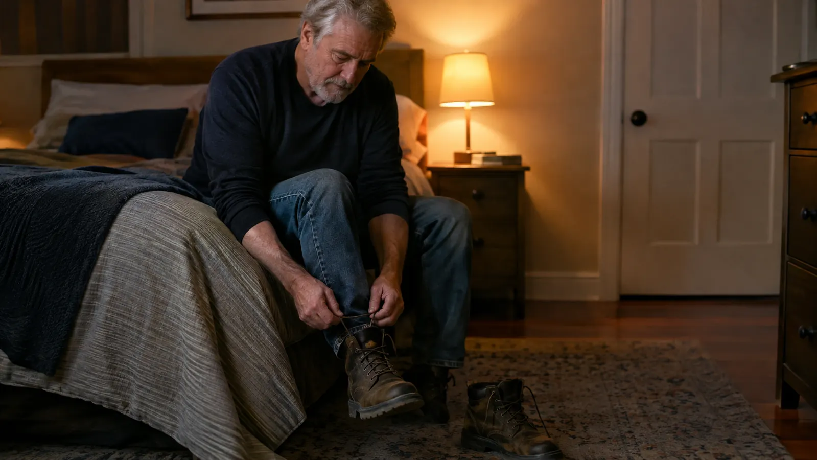 A man in his sixties unlacing a work boot at the end of the day.