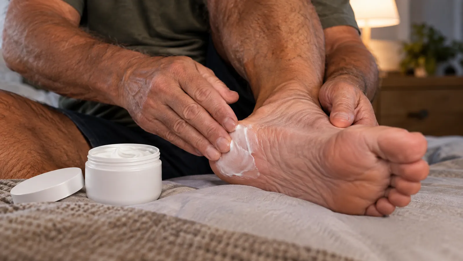Close-up of hands massaging cream into the heel and sole of a foot, the foot cream package resting on the bed nearby.