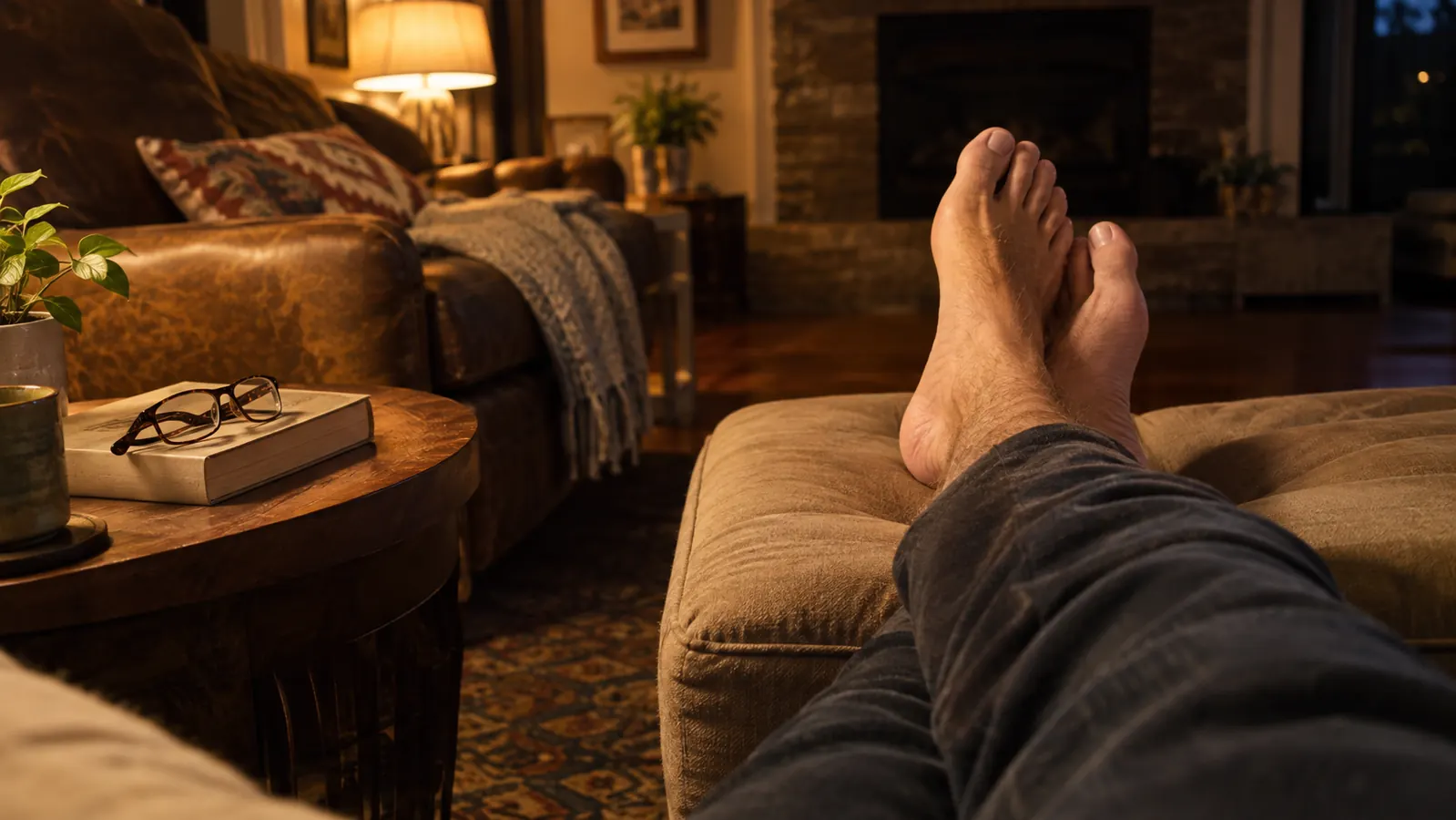 A man's bare feet resting on a low ottoman in a living room at night, a book and reading glasses on the side table nearby.