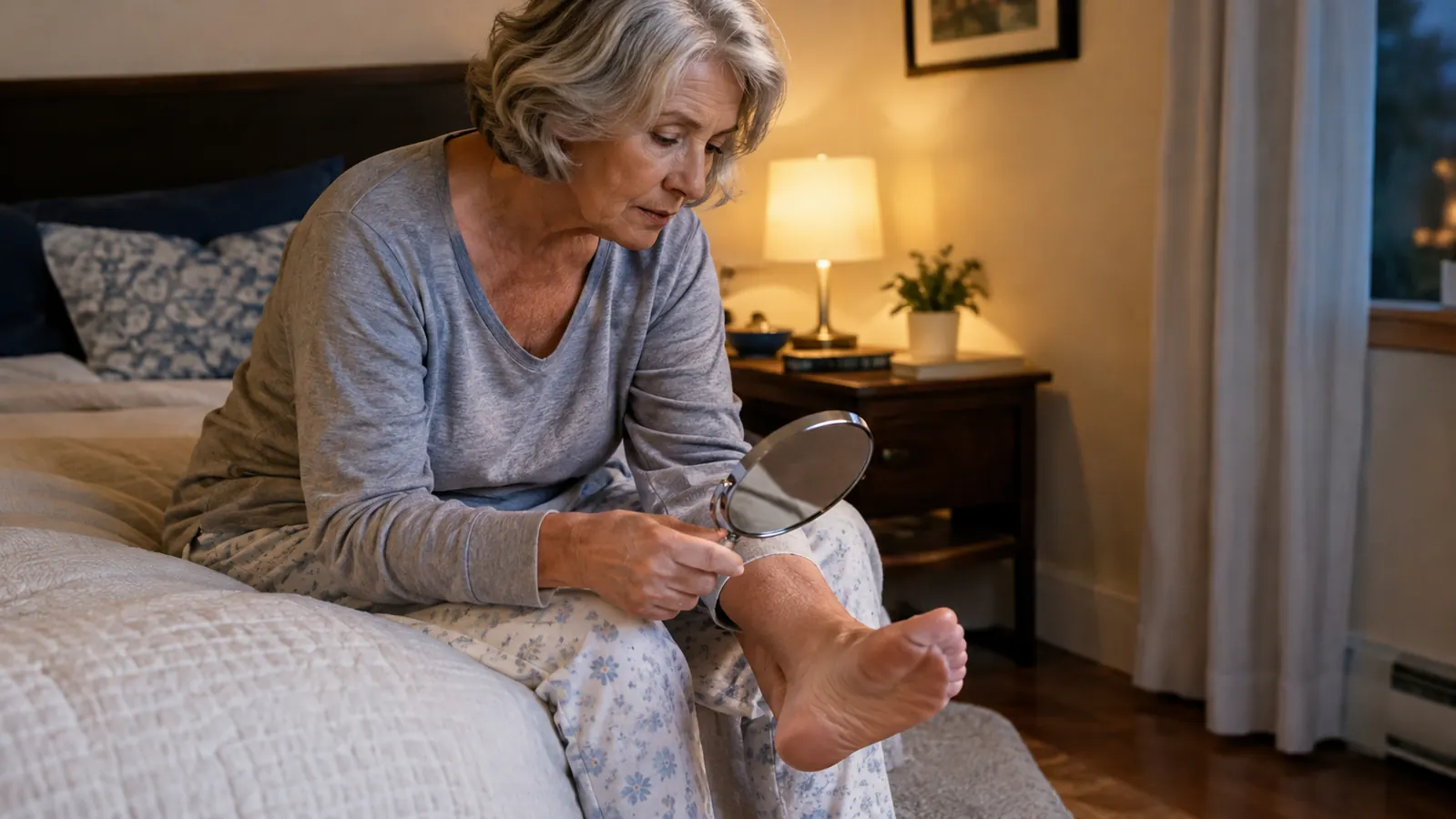 A woman in her sixties sitting on the edge of a bed, checking the bottom of her foot with a hand mirror