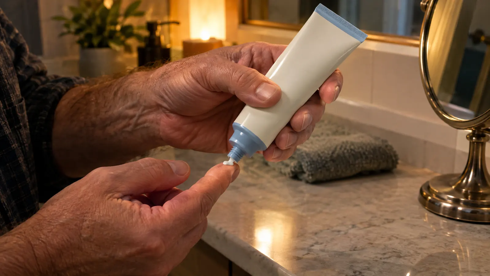 A hand squeezing a small amount of cream from a tube of foot cream onto a fingertip over a bathroom counter