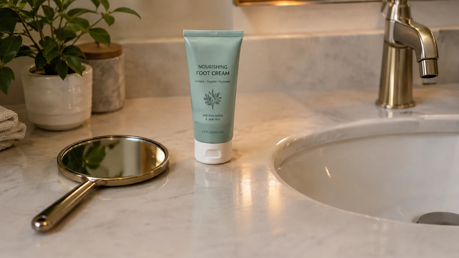 A bathroom counter with a hand mirror and a tube of foot cream beside the sink