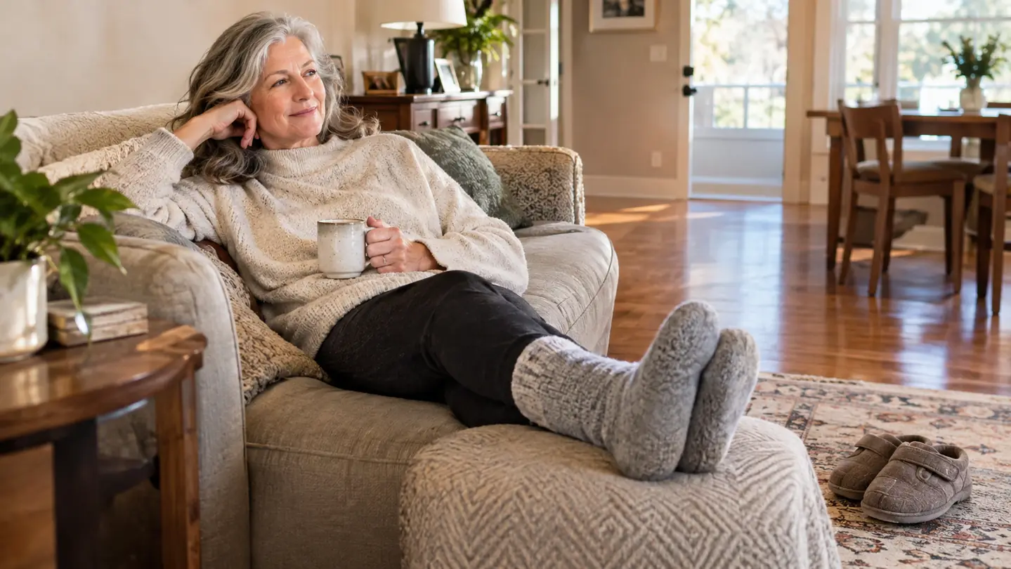 A woman in her sixties sitting on a sofa with her feet up in soft gray socks, a pair of cushioned slippers on the rug beside her