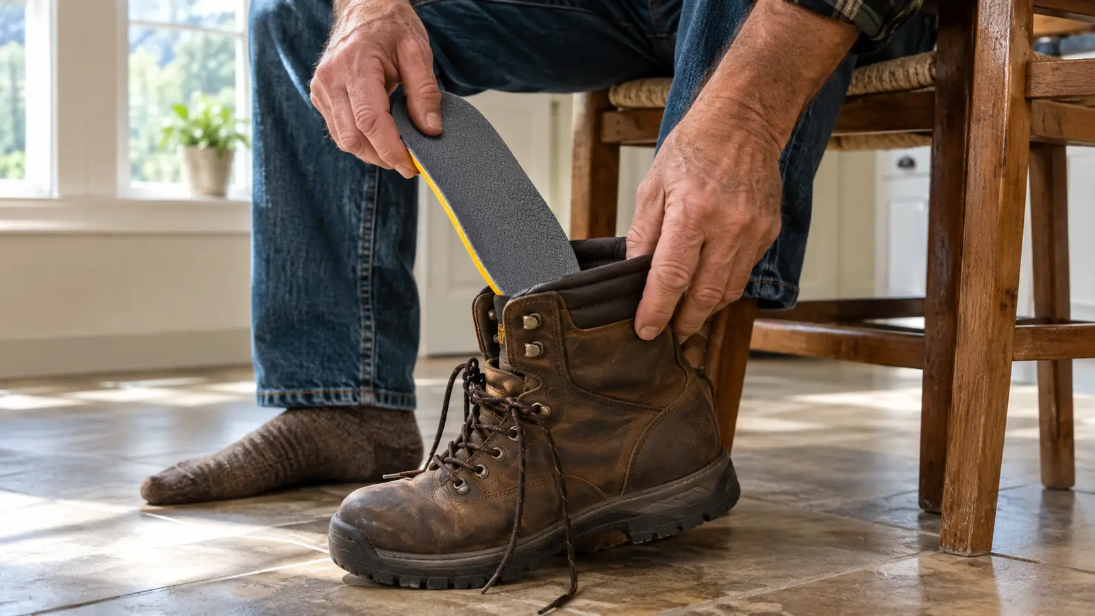 A man in his sixties placing a trimmed insole into a wide work boot at a kitchen table