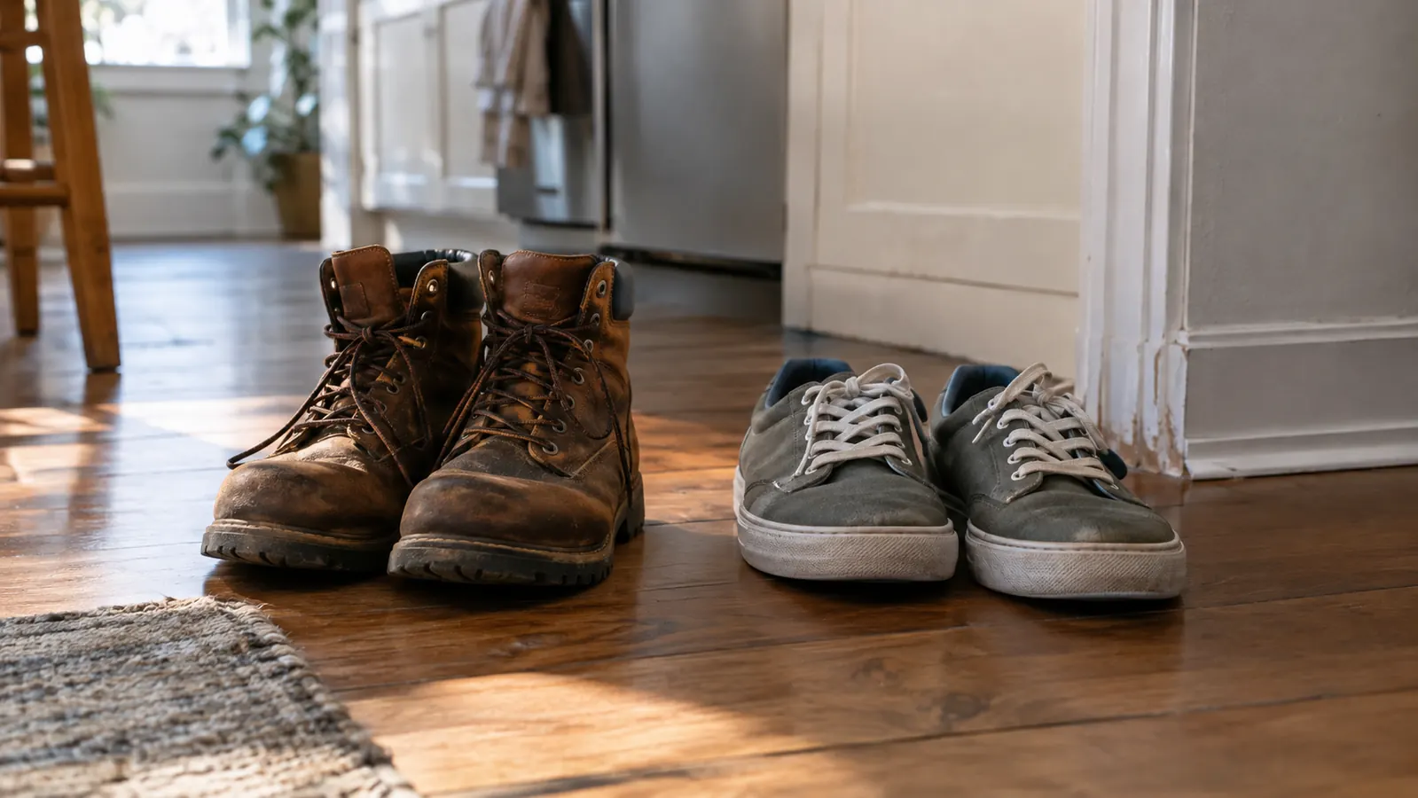 A pair of work boots and a pair of everyday shoes side by side on a hardwood floor near a doorway