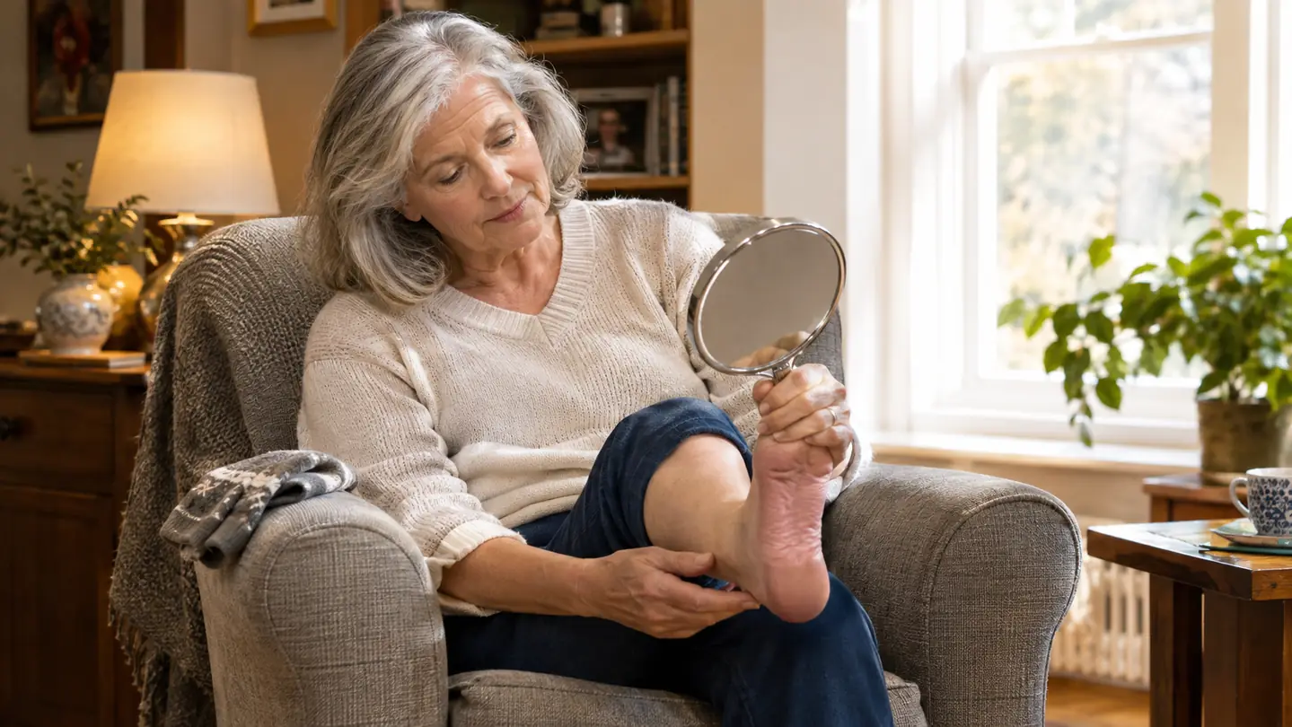A woman in her sixties doing an evening foot check with a hand mirror in a well-lit living room