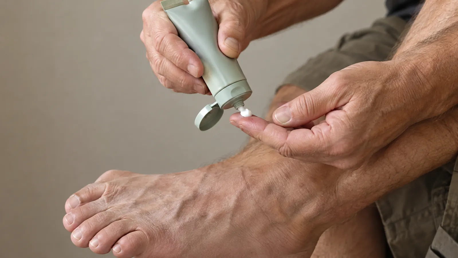 A hand squeezing a small amount of foot cream onto fingertips above a bare foot