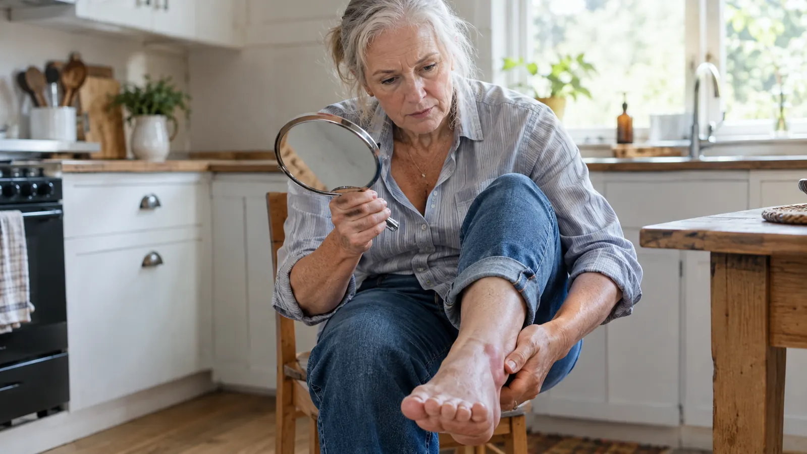 A woman in her sixties in a kitchen, holding a hand mirror and checking the bottom of her foot