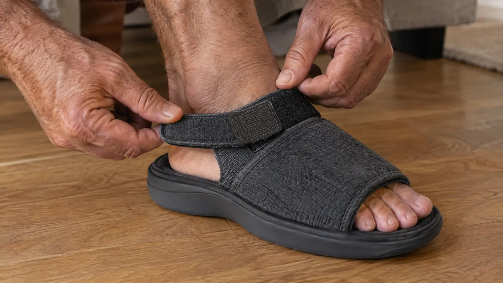 A hand adjusting the adjustable strap of a wide house slipper on a foot resting on a hardwood floor