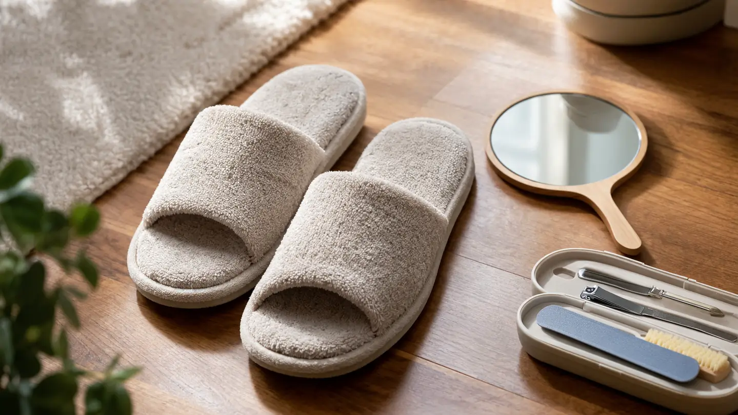 A pair of wide house slippers placed on a hardwood floor beside a small hand mirror and a foot care kit