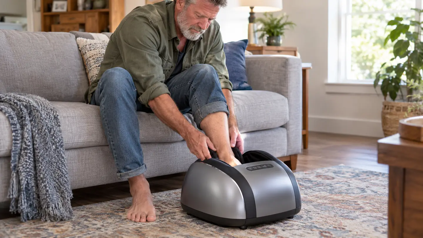 A person placing a foot into a foot massager while seated on a couch