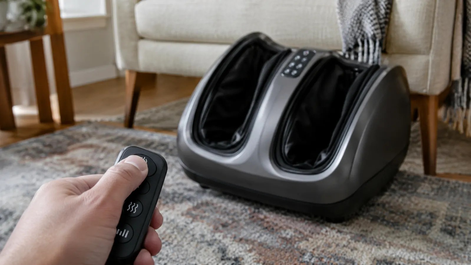 A person pressing a button on a small remote control for a foot massager