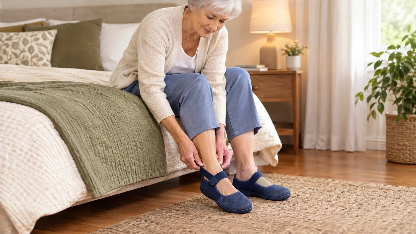 A woman in her sixties sitting on the edge of a bed, adjusting the strap on a pair of slippers on her feet