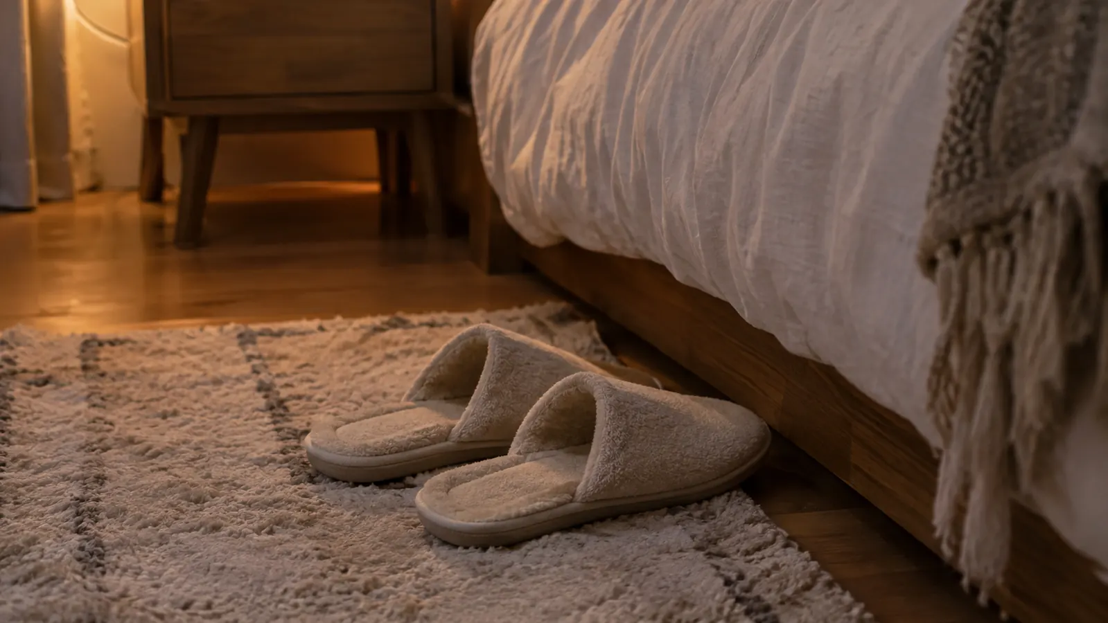 A pair of slippers on a rug beside a bed, soft evening light