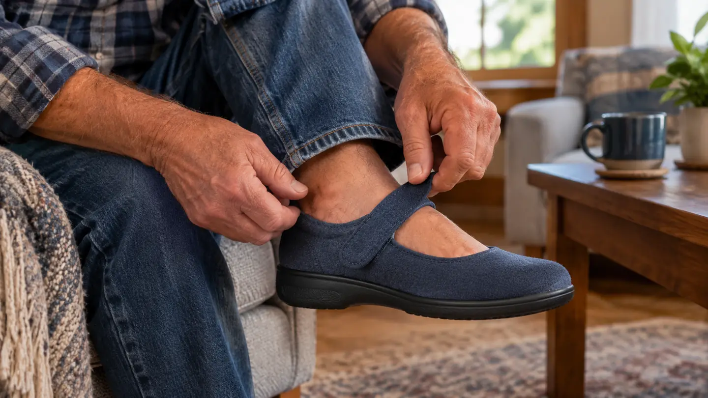 A hand adjusting the strap on a woman's house shoe while she sits in a living room chair