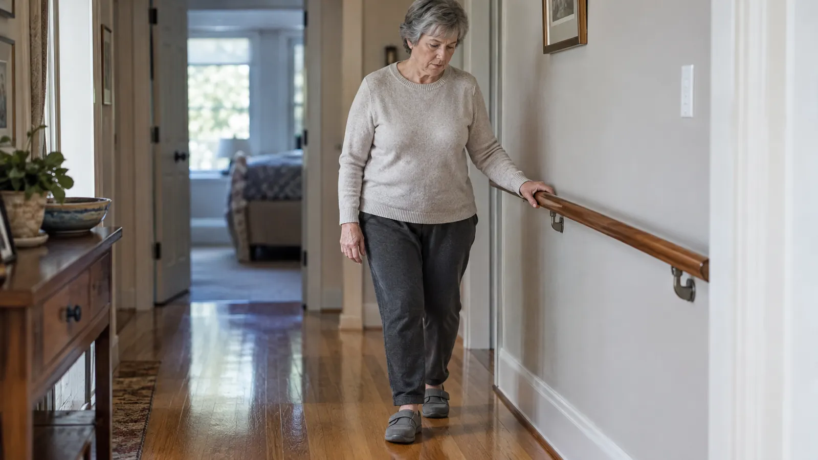 A woman in her sixties walking slowly across a hardwood floor in adjustable house shoes, holding a handrail