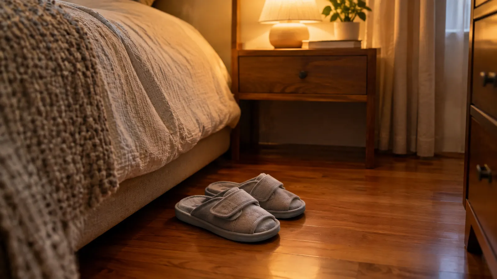 A pair of adjustable slippers placed by the side of a bed on a hardwood floor in the evening