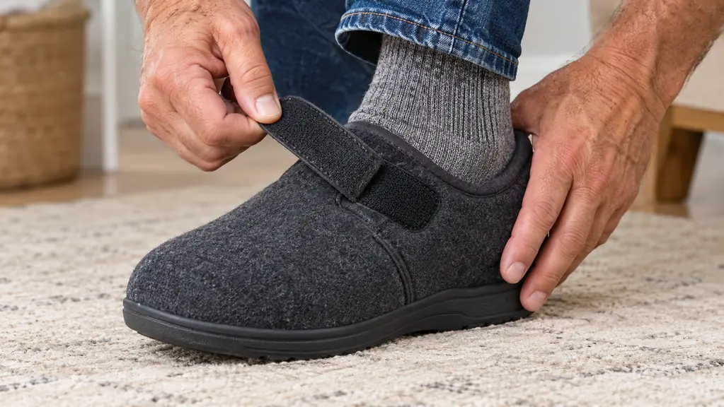A hand adjusting the strap on a wide slipper worn over a sock, showing the roomy toe box