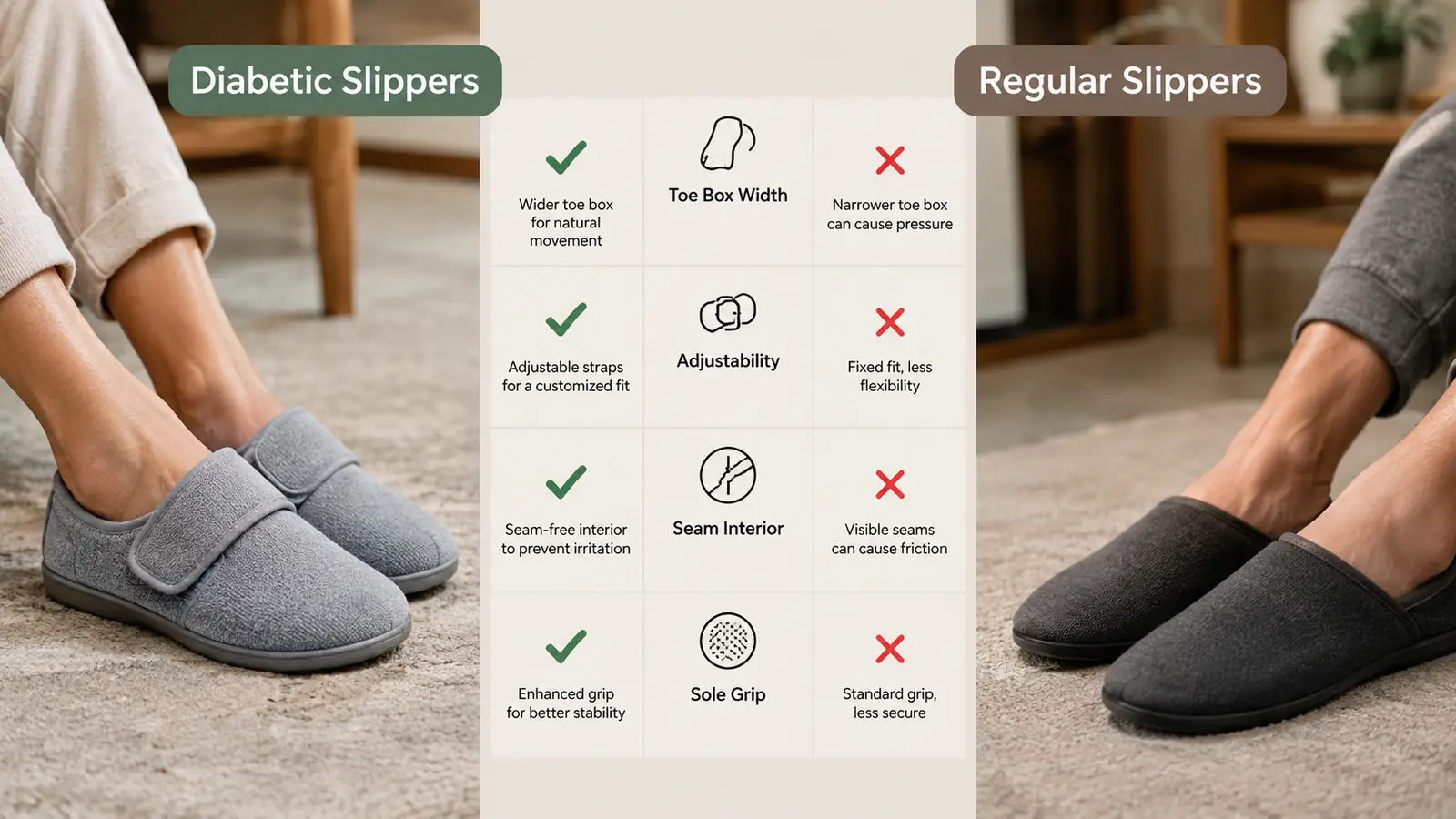 A simple chart comparing the toe box width and adjustability of diabetic slippers versus regular slippers