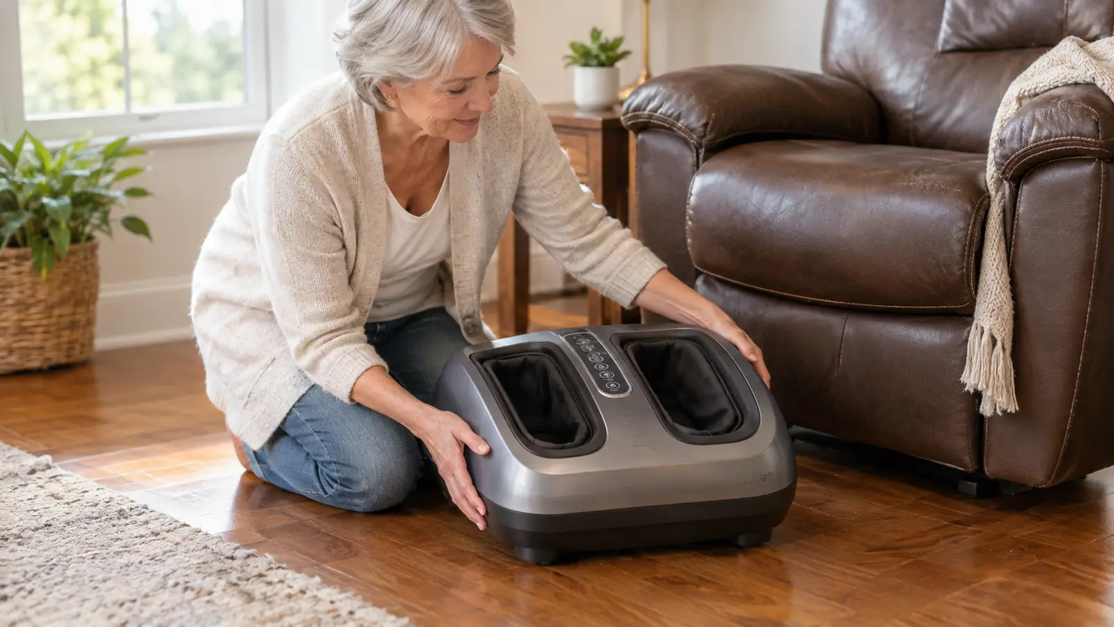 A woman in her sixties placing a foot massager on the floor beside a recliner
