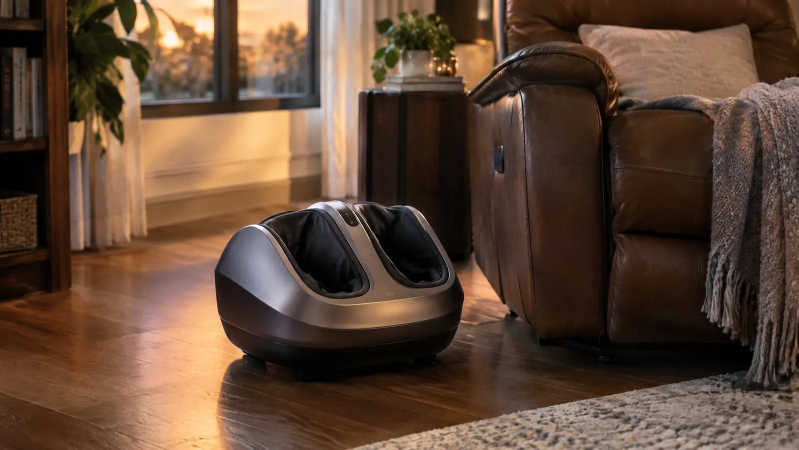 A foot massager on the floor beside a recliner in a quiet living room